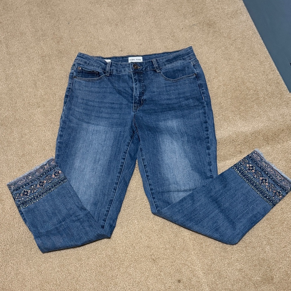 Tribal Blue Cropped Jeans with Embellished Hem
